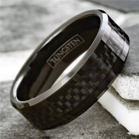 Men's Wedding Band Rings Black Carbon Fiber Inlay Wedding Rings for Men & Women - Picture 5 of 7